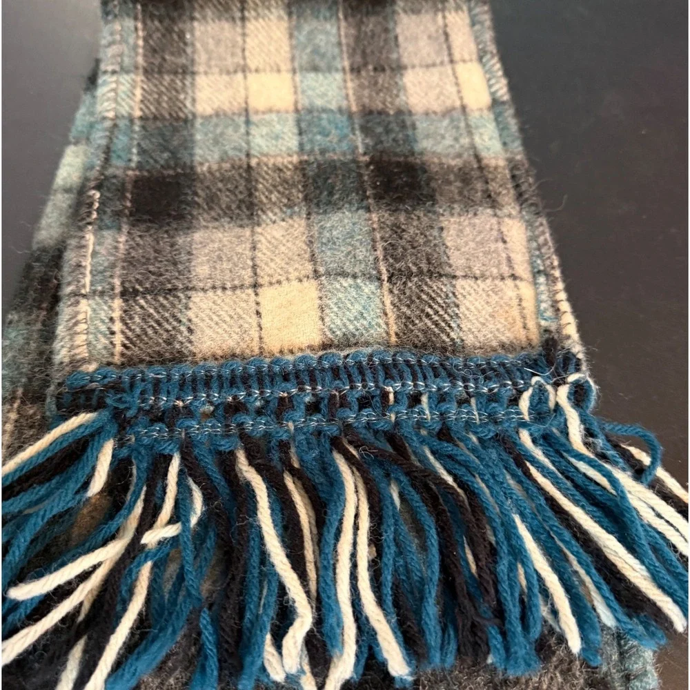 Vintage Plaid Fringe Scarf Blue Gray Cream Wool Blend Winter Accessory